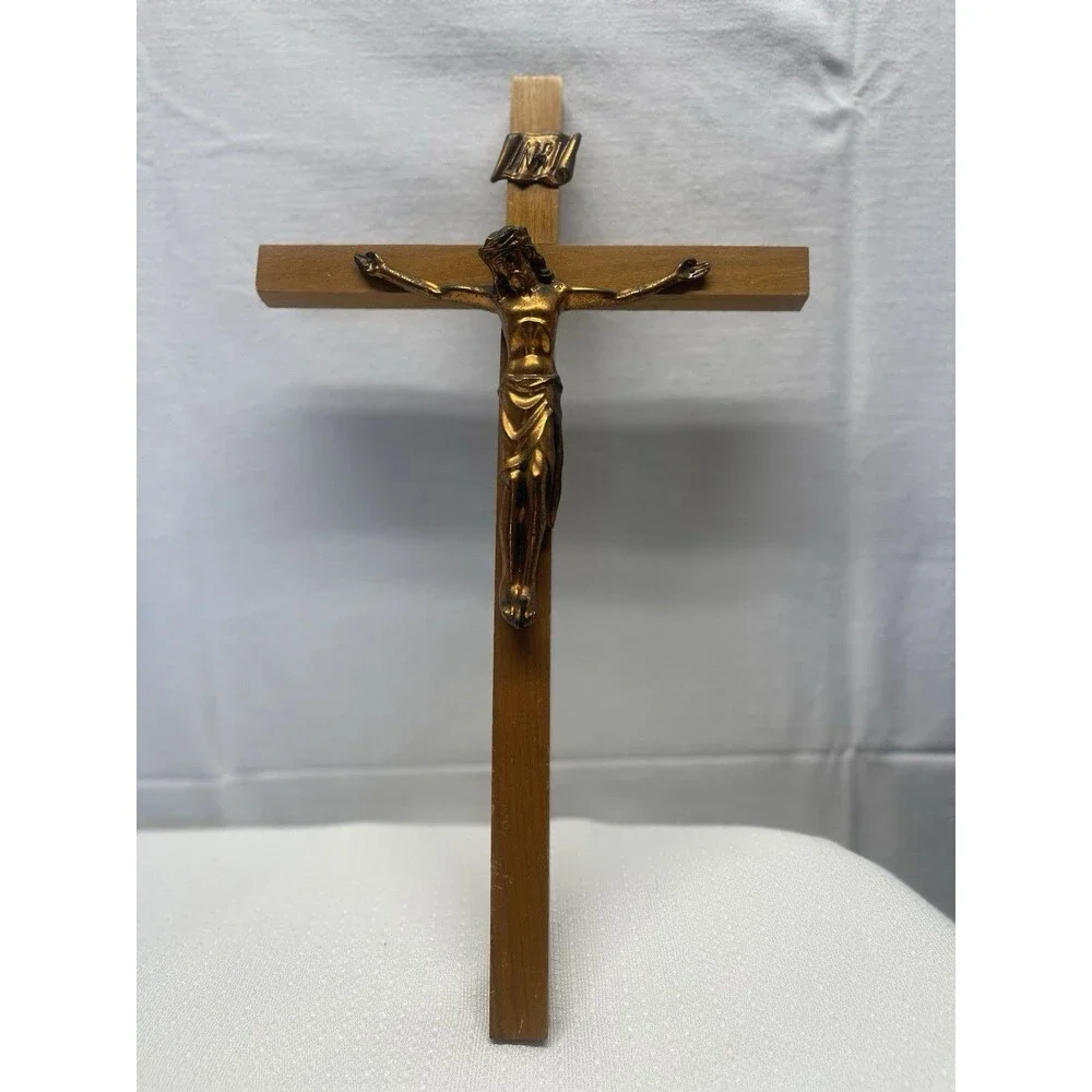 Vintage 15” Wood & Brass INRI Crucifix Jesus Cross Catholic Christian Candle 2pc